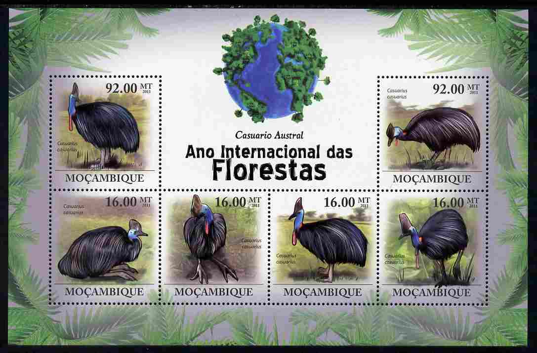 Mozambique 2011 International Year of the Forest - Cassowary perf sheetlet containing 6 values unmounted mint, Michel 4342-47, stamps on trees, stamps on birds