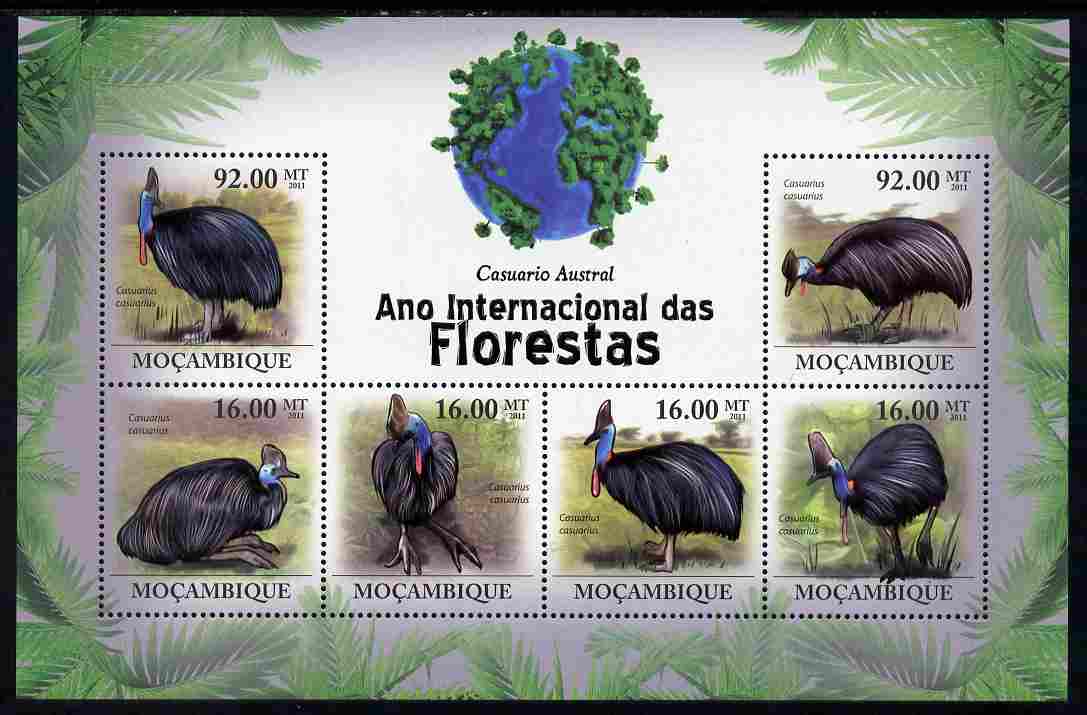 Mozambique 2011 International Year of the Forest - Cassowary perf sheetlet containing 6 values unmounted mint, Michel 4342-47, stamps on , stamps on  stamps on trees, stamps on  stamps on birds