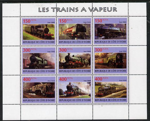 Ivory Coast 2009 Steam Locos perf sheetlet containing 9 values unmounted mint, stamps on , stamps on  stamps on railways