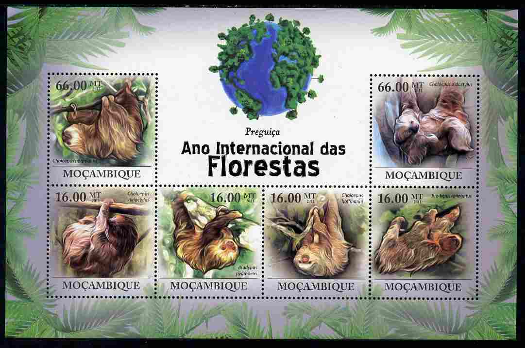 Mozambique 2011 International Year of the Forest - Sloths perf sheetlet containing 6 values unmounted mint, Michel 4403-08, stamps on trees, stamps on animals, stamps on sloths