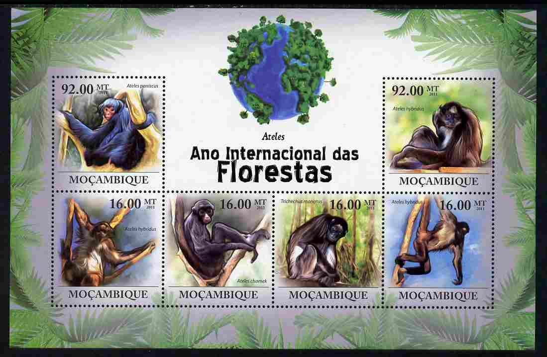 Mozambique 2011 International Year of the Forest - Spider Monkeys perf sheetlet containing 6 values unmounted mint, Michel 4445-50, stamps on , stamps on  stamps on trees, stamps on  stamps on animals, stamps on  stamps on apes, stamps on  stamps on monkeys