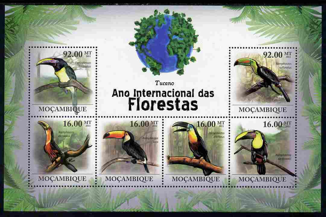 Mozambique 2011 International Year of the Forest - Toucans perf sheetlet containing 6 values unmounted mint, Michel 4354-59, stamps on , stamps on  stamps on trees, stamps on  stamps on birds