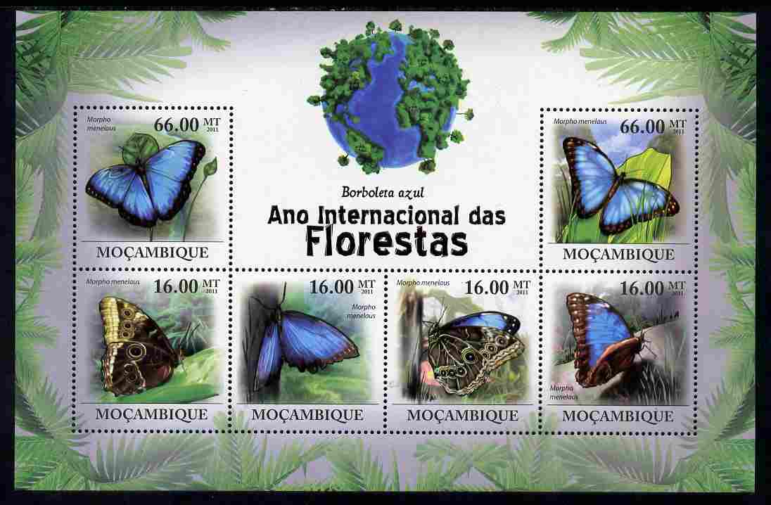 Mozambique 2011 International Year of the Forest - Butterflies perf sheetlet containing 6 values unmounted mint, Michel 4264-69, stamps on trees, stamps on butterflies