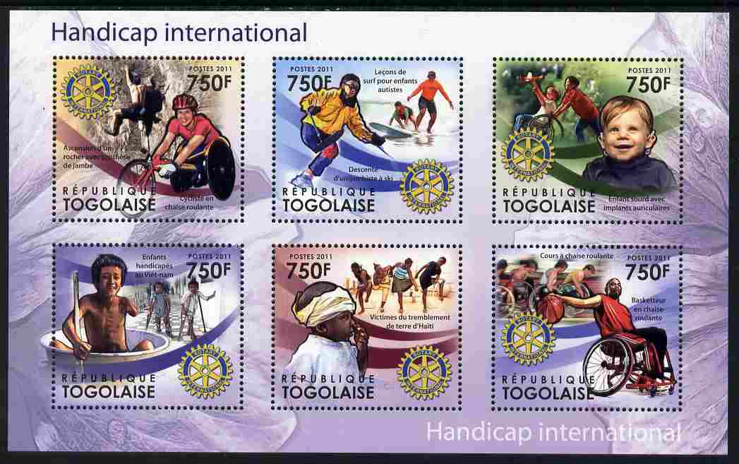 Togo 2011 Handicap International perf sheetlet containing 6 values each with Rotary Logo unmounted mint, stamps on , stamps on  stamps on disabled, stamps on  stamps on sport, stamps on  stamps on basketball, stamps on  stamps on rotary