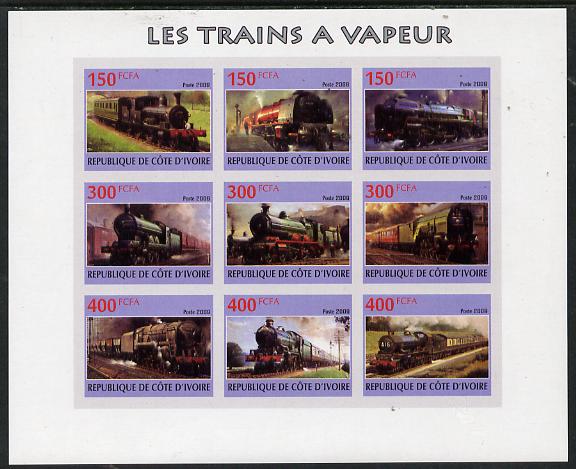 Ivory Coast 2009 Steam Locos imperf sheetlet containing 9 values unmounted mint, stamps on , stamps on  stamps on railways