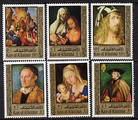 Ras Al Khaima 1971 Paintings by Durer (with Owl in margin) perf set of 6 unmounted mint Mi 579-84A, stamps on , stamps on  stamps on arts, stamps on  stamps on birds, stamps on  stamps on owls, stamps on  stamps on birds of prey, stamps on  stamps on durer, stamps on  stamps on renaissance