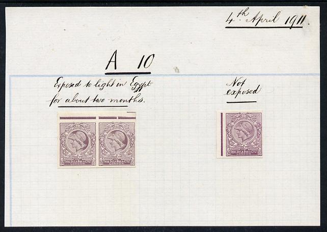 Cinderella - Great Britain 1911 De La Rue ink trial Minerva Head dummy stamp in purple imperf pair endorsed Exposed to (sun) light in Egypt for about two months, plus imperf single endorsed Not Exposed, both mounted on part of album page from DLR archives, dated 4 April 1911 and headed A10, a rare and most interesting item almost certainly unique, stamps on , stamps on  stamps on cinderella - great britain 1911 de la rue ink trial minerva head dummy stamp in purple imperf pair endorsed exposed to (sun) light in egypt for about two months, stamps on  stamps on  plus imperf single endorsed not exposed, stamps on  stamps on  both mounted on part of album page from dlr archives, stamps on  stamps on  dated 4 april 1911 and headed a10, stamps on  stamps on  a rare and most interesting item almost certainly unique