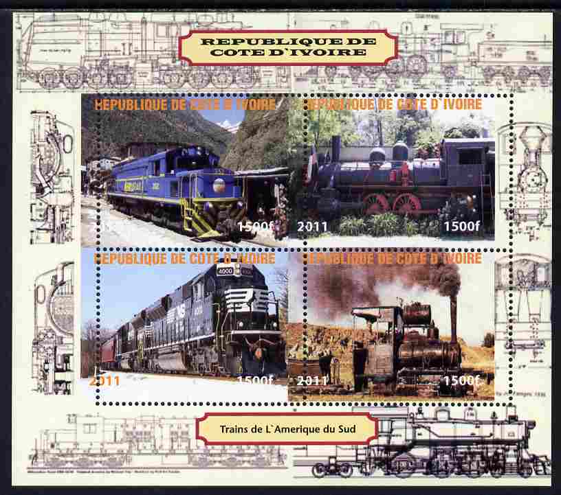 Ivory Coast 2011 Railways - Trains of South America perf sheetlet containing 4 values unmounted mint. Note this item is privately produced and is offered purely on its th..., stamps on railways