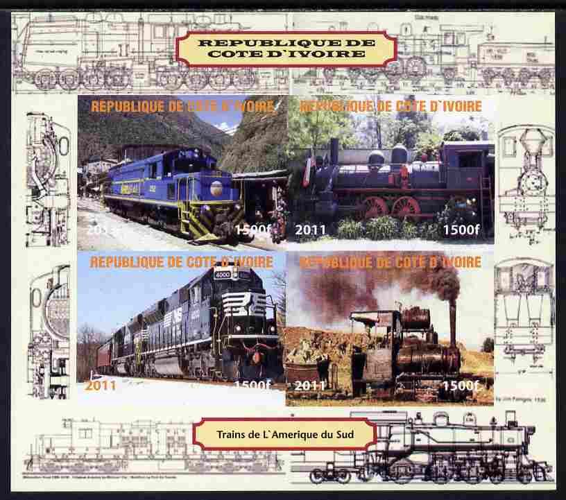 Ivory Coast 2011 Railways - Trains of South America imperf sheetlet containing 4 values unmounted mint. Note this item is privately produced and is offered purely on its ..., stamps on railways