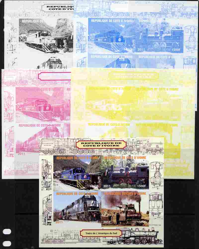 Ivory Coast 2011 Railways - Trains of South America sheetlet containing 4 values - the set of 5 imperf progressive proofs comprising the 4 individual colours plus all 4-colour composite, unmounted mint , stamps on railways