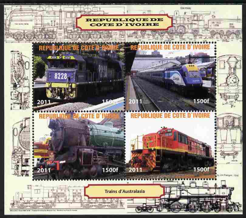 Ivory Coast 2011 Railways - Trains of Australasia perf sheetlet containing 4 values unmounted mint. Note this item is privately produced and is offered purely on its thematic appeal, stamps on , stamps on  stamps on railways