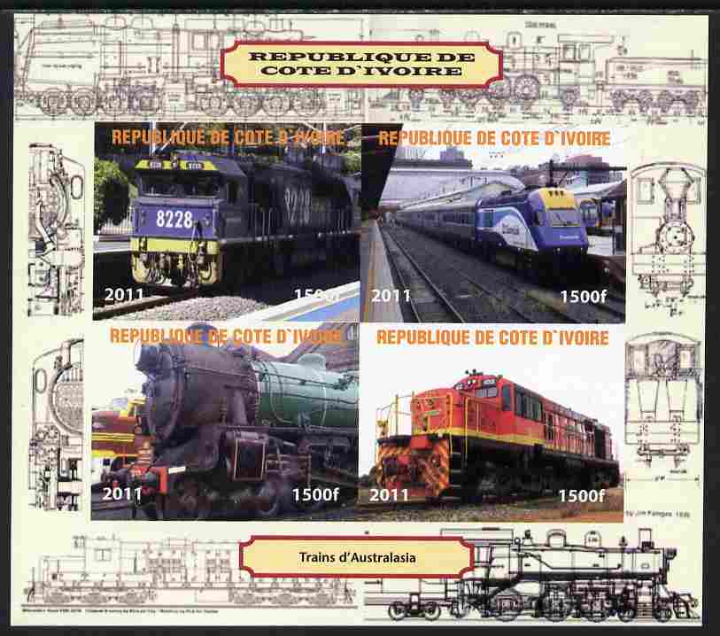 Ivory Coast 2011 Railways - Trains of Australasia imperf sheetlet containing 4 values unmounted mint. Note this item is privately produced and is offered purely on its thematic appeal, it has no postal validity, stamps on , stamps on  stamps on railways