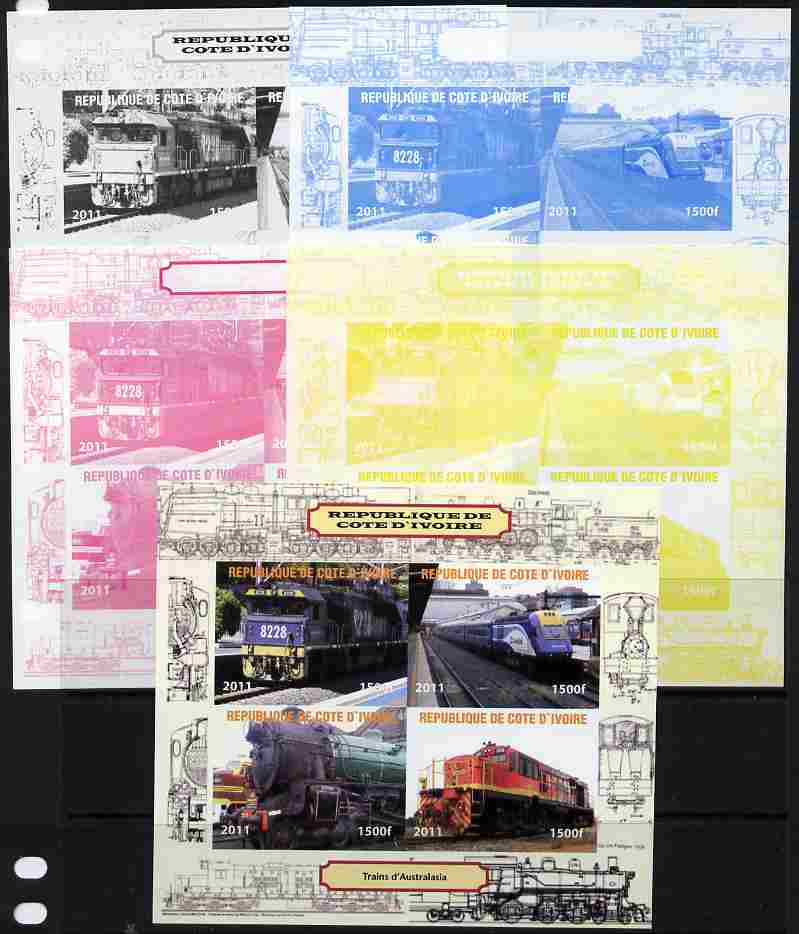 Ivory Coast 2011 Railways - Trains of Australasia sheetlet containing 4 values - the set of 5 imperf progressive proofs comprising the 4 individual colours plus all 4-colour composite, unmounted mint , stamps on railways