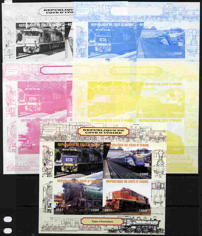 Ivory Coast 2011 Railways - Trains of Australasia sheetlet containing 4 values - the set of 5 imperf progressive proofs comprising the 4 individual colours plus all 4-col..., stamps on railways