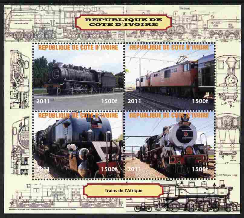 Ivory Coast 2011 Railways - Trains of Africa perf sheetlet containing 4 values unmounted mint. Note this item is privately produced and is offered purely on its thematic appeal, stamps on railways