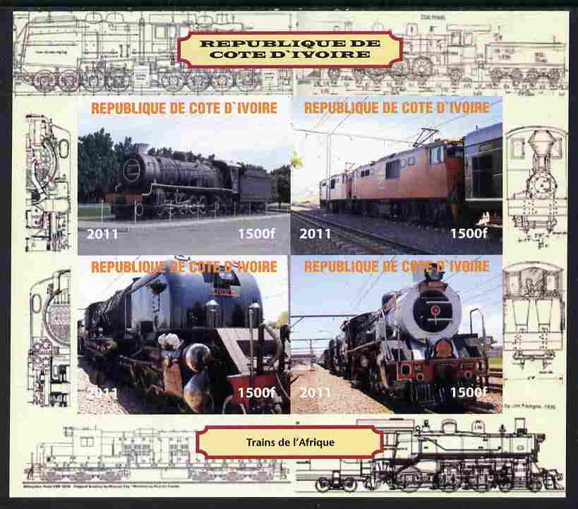 Ivory Coast 2011 Railways - Trains of Africa imperf sheetlet containing 4 values unmounted mint. Note this item is privately produced and is offered purely on its thematic appeal, it has no postal validity, stamps on , stamps on  stamps on railways