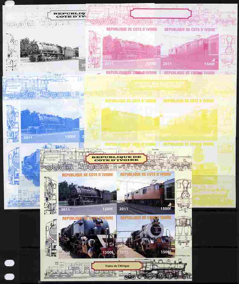 Ivory Coast 2011 Railways - Trains of Africa sheetlet containing 4 values - the set of 5 imperf progressive proofs comprising the 4 individual colours plus all 4-colour c..., stamps on railways