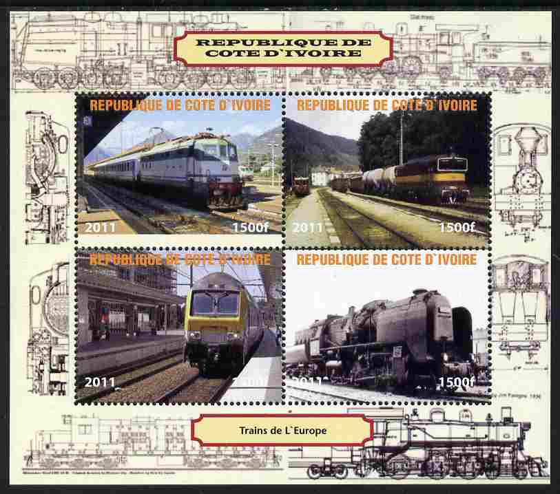 Ivory Coast 2011 Railways - Trains of Europe perf sheetlet containing 4 values unmounted mint. Note this item is privately produced and is offered purely on its thematic ..., stamps on railways