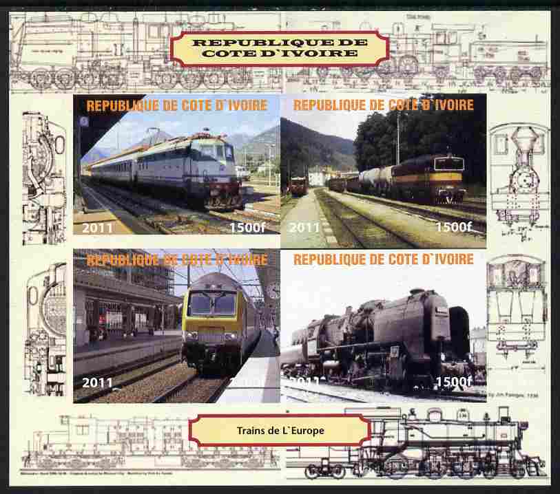 Ivory Coast 2011 Railways - Trains of Europe imperf sheetlet containing 4 values unmounted mint. Note this item is privately produced and is offered purely on its themati..., stamps on railways