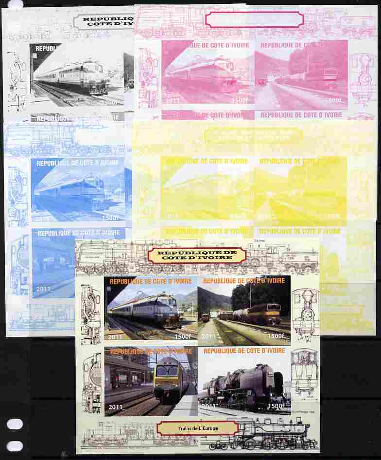 Ivory Coast 2011 Railways - Trains of Europe sheetlet containing 4 values - the set of 5 imperf progressive proofs comprising the 4 individual colours plus all 4-colour composite, unmounted mint , stamps on , stamps on  stamps on railways