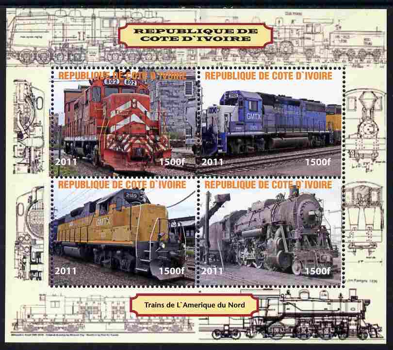 Ivory Coast 2011 Railways - Trains of North America perf sheetlet containing 4 values unmounted mint. Note this item is privately produced and is offered purely on its thematic appeal, it has no postal validity, stamps on , stamps on  stamps on railways