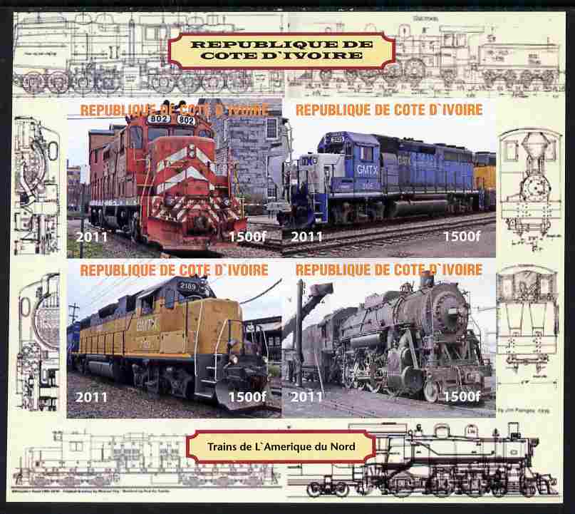 Ivory Coast 2011 Railways - Trains of North America imperf sheetlet containing 4 values unmounted mint. Note this item is privately produced and is offered purely on its thematic appeal, it has no postal validity, stamps on railways