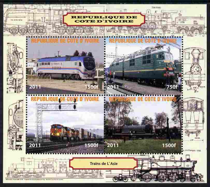 Ivory Coast 2011 Railways - Trains of Asia perf sheetlet containing 4 values unmounted mint. Note this item is privately produced and is offered purely on its thematic appeal, stamps on , stamps on  stamps on railways