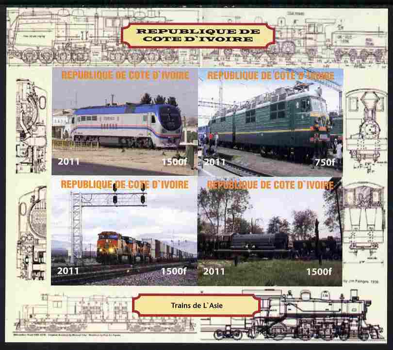 Ivory Coast 2011 Railways - Trains of Asia imperf sheetlet containing 4 values unmounted mint. Note this item is privately produced and is offered purely on its thematic ..., stamps on railways