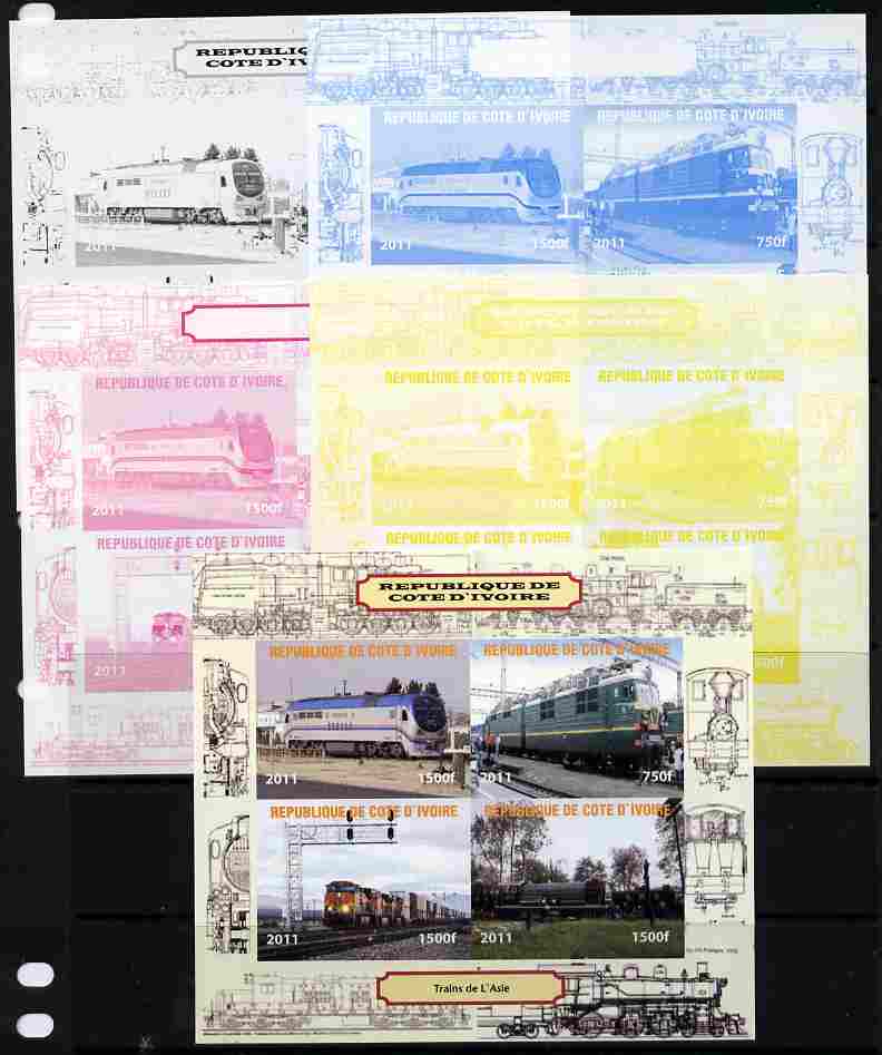 Ivory Coast 2011 Railways - Trains of Asia sheetlet containing 4 values - the set of 5 imperf progressive proofs comprising the 4 individual colours plus all 4-colour composite, unmounted mint , stamps on , stamps on  stamps on railways