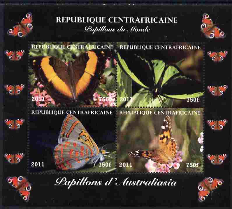 Central African Republic 2011 Butterflies of the World - Australasia perf sheetlet containing 4 values unmounted mint. Note this item is privately produced and is offered purely on its thematic appeal, stamps on , stamps on  stamps on butterflies