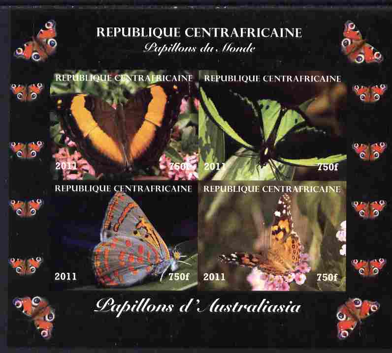 Central African Republic 2011 Butterflies of the World - Australasia imperf sheetlet containing 4 values unmounted mint. Note this item is privately produced and is offered purely on its thematic appeal, it has no postal validity, stamps on , stamps on  stamps on butterflies