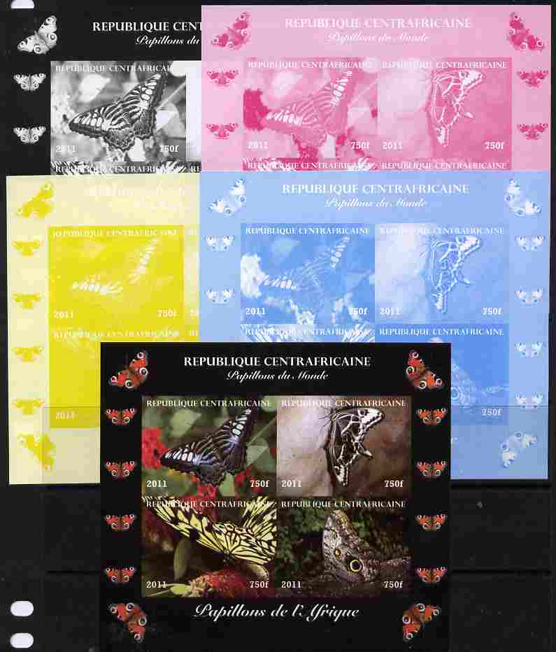 Central African Republic 2011 Butterflies of the World - Africa sheetlet containing 4 values - the set of 5 imperf progressive proofs comprising the 4 individual colours plus all 4-colour composite, unmounted mint , stamps on , stamps on  stamps on butterflies