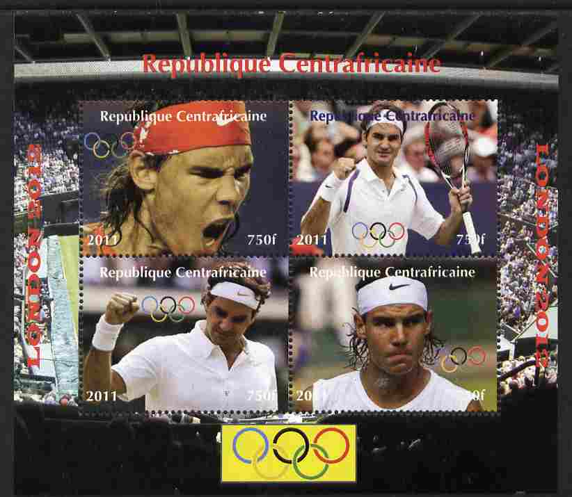 Central African Republic 2011 London Olympics - Tennis (Federer & Nadal) perf sheetlet containing 4 values unmounted mint. Note this item is privately produced and is off..., stamps on olympics, stamps on tennis, stamps on federer, stamps on nadal