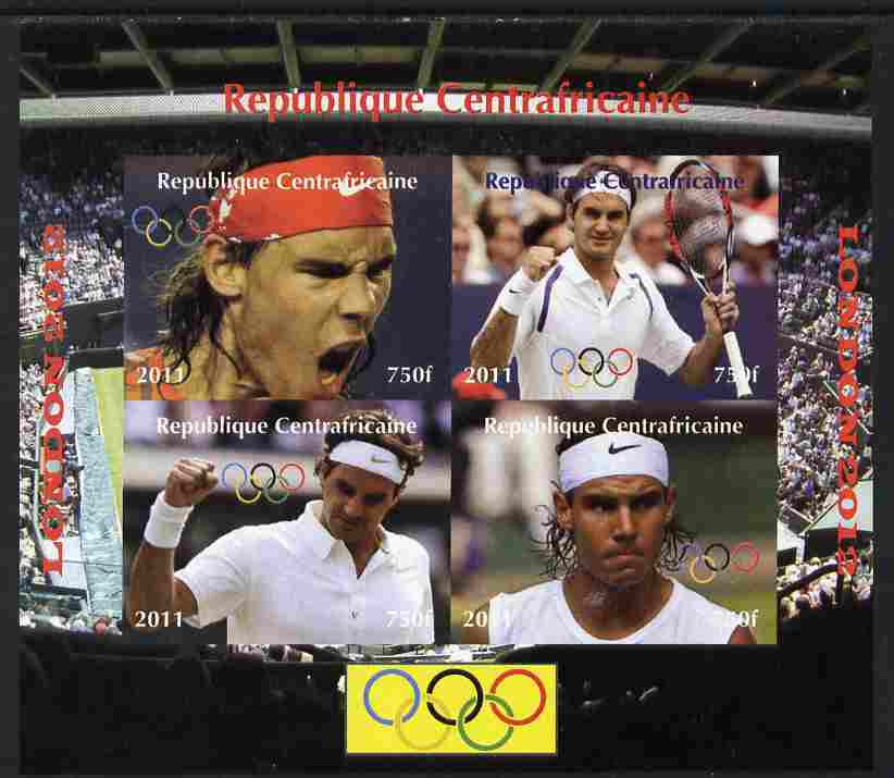 Central African Republic 2011 London Olympics - Tennis (Federer & Nadal) imperf sheetlet containing 4 values unmounted mint. Note this item is privately produced and is offered purely on its thematic appeal, it has no postal validity, stamps on , stamps on  stamps on olympics, stamps on  stamps on tennis, stamps on  stamps on federer, stamps on  stamps on nadal