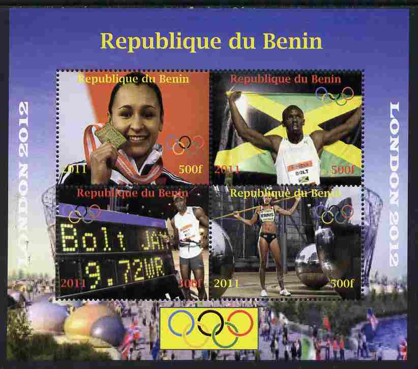 Benin 2011 London 2012 Olympics - Athletics (Jessica Ennis & Eugene Bolt) perf sheetlet containing 4 values unmounted mint. Note this item is privately produced and is offered purely on its thematic appeal, it has no postal validity, stamps on , stamps on  stamps on olympics, stamps on  stamps on athletics, stamps on  stamps on running, stamps on  stamps on javelin