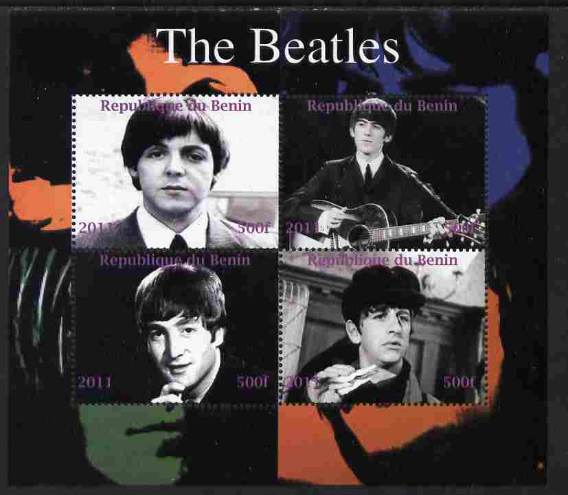 Benin 2011 The Beatles perf sheetlet containing 4 values unmounted mint. Note this item is privately produced and is offered purely on its thematic appeal, stamps on , stamps on  stamps on personalities, stamps on  stamps on entertainments, stamps on  stamps on music, stamps on  stamps on pops, stamps on  stamps on beatles, stamps on  stamps on rock