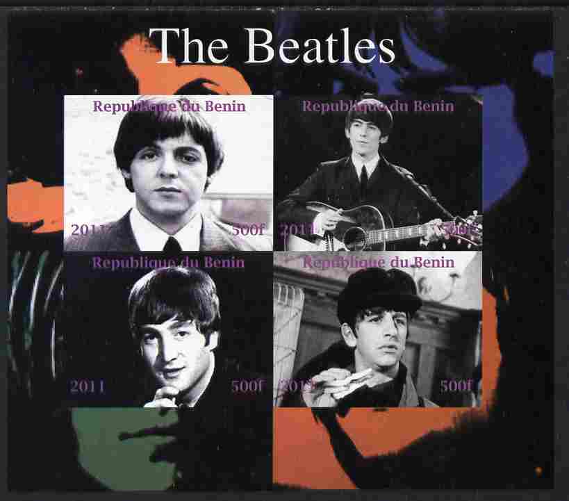 Benin 2011 The Beatles imperf sheetlet containing 4 values unmounted mint. Note this item is privately produced and is offered purely on its thematic appeal, stamps on , stamps on  stamps on personalities, stamps on  stamps on entertainments, stamps on  stamps on music, stamps on  stamps on pops, stamps on  stamps on beatles, stamps on  stamps on rock