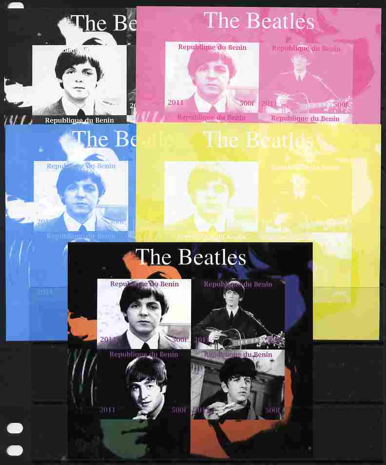 Benin 2011 The Beatles sheetlet containing 4 values - the set of 5 imperf progressive proofs comprising the 4 individual colours plus all 4-colour composite, unmounted mint , stamps on , stamps on  stamps on personalities, stamps on  stamps on entertainments, stamps on  stamps on music, stamps on  stamps on pops, stamps on  stamps on beatles, stamps on  stamps on rock