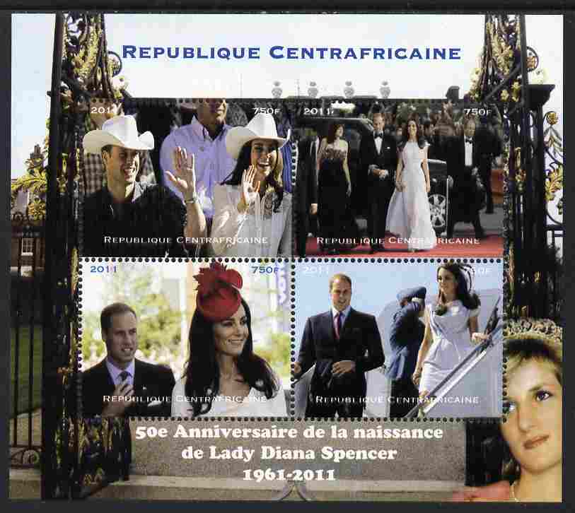 Central African Republic 2011 50th Birth Anniversary of Princess Diana perf sheetlet containing 4 values unmounted mint. Note this item is privately produced and is offered purely on its thematic appeal, stamps on personalities, stamps on royalty, stamps on diana, stamps on william, stamps on kate