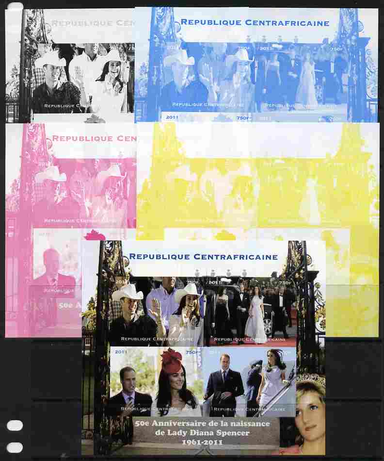 Central African Republic 2011 50th Birth Anniversary of Princess Diana sheetlet containing 4 values - the set of 5 imperf progressive proofs comprising the 4 individual colours plus all 4-colour composite, unmounted mint , stamps on personalities, stamps on royalty, stamps on diana, stamps on william, stamps on kate