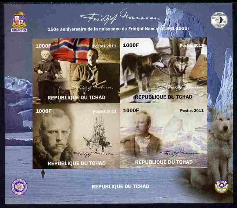 Chad 2011 150th Birth Anniversary of Fridtjof Nansen (polar explorer) imperf sheetlet containing 4 values unmounted mint. Note this item is privately produced and is offe..., stamps on personalities, stamps on polar, stamps on explorers, stamps on dogs.ships, stamps on flags