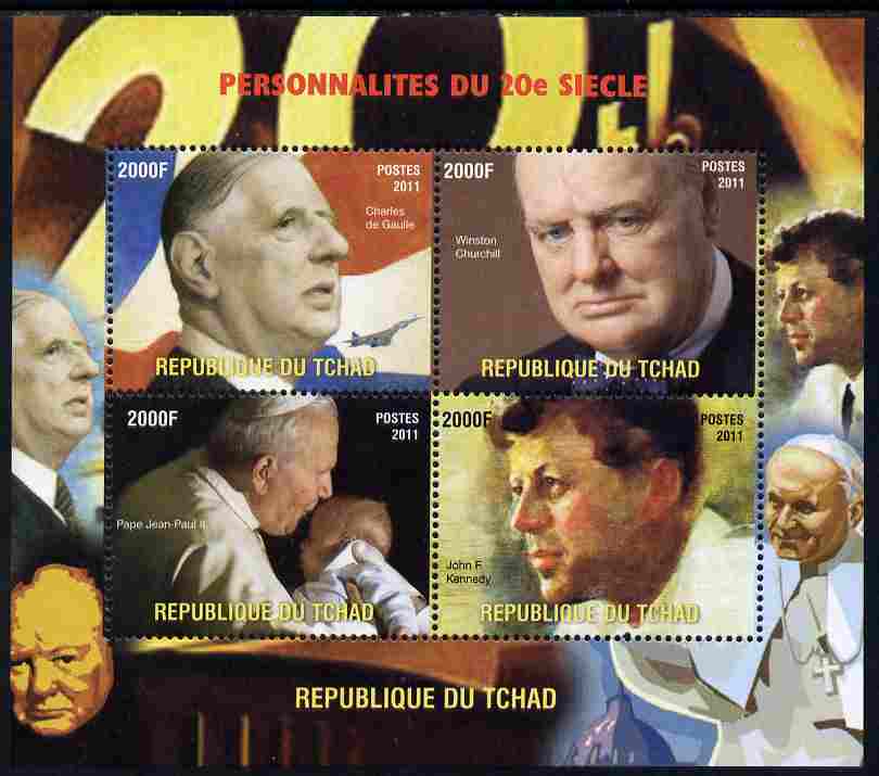 Chad 2011 Personalities of the 20th Century (de Gaulle, Churchill, Pope & Kennedy) perf sheetlet containing 4 values unmounted mint. Note this item is privately produced and is offered purely on its thematic appeal, stamps on , stamps on  stamps on personalities, stamps on  stamps on churchill, stamps on  stamps on constitutions, stamps on  stamps on  ww2 , stamps on  stamps on masonry, stamps on  stamps on masonics, stamps on  stamps on kennedy, stamps on  stamps on usa presidents, stamps on  stamps on americana, stamps on  stamps on de gaulle, stamps on  stamps on pope, stamps on  stamps on popes, stamps on  stamps on religion, stamps on  stamps on concorde