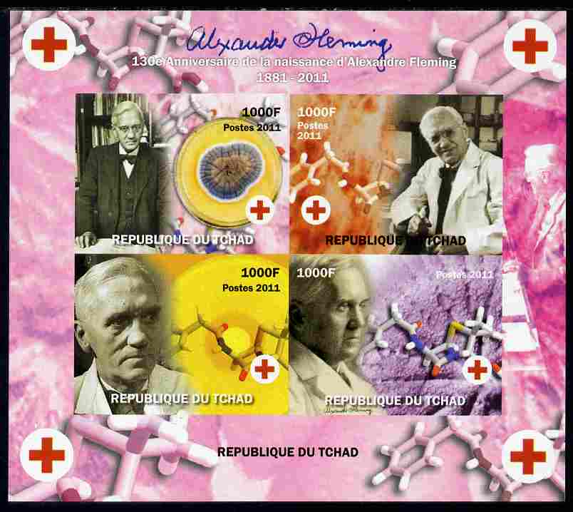 Chad 2011 130th Birth Anniversary of Alexander Fleming (biologist) imperf sheetlet containing 4 values unmounted mint. Note this item is privately produced and is offered purely on its thematic appeal, stamps on , stamps on  stamps on personalities, stamps on  stamps on science, stamps on  stamps on biology, stamps on  stamps on medical, stamps on  stamps on 