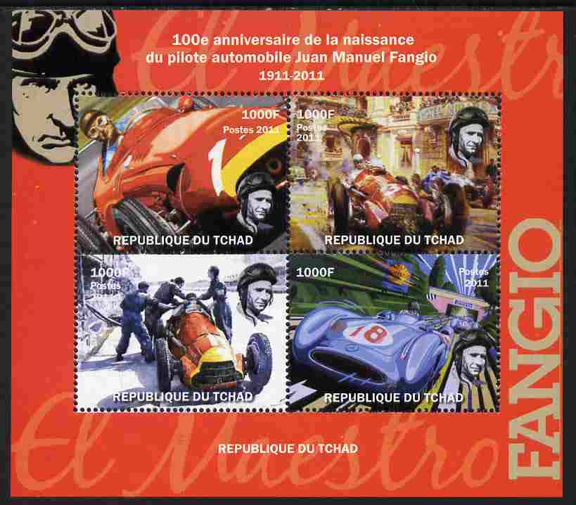 Chad 2011 100th Birth Anniversary of Manuel Fangio (racing car driver) perf sheetlet containing 4 values unmounted mint. Note this item is privately produced and is offered purely on its thematic appeal, stamps on personalities, stamps on cars, stamps on racing cars, stamps on  f1 , stamps on formula 1, stamps on sport