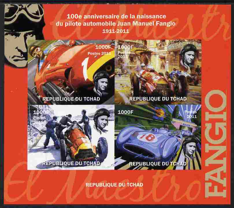 Chad 2011 100th Birth Anniversary of Manuel Fangio (racing car driver) imperf sheetlet containing 4 values unmounted mint, stamps on , stamps on  stamps on personalities, stamps on  stamps on cars, stamps on  stamps on racing cars, stamps on  stamps on  f1 , stamps on  stamps on formula 1, stamps on  stamps on sport