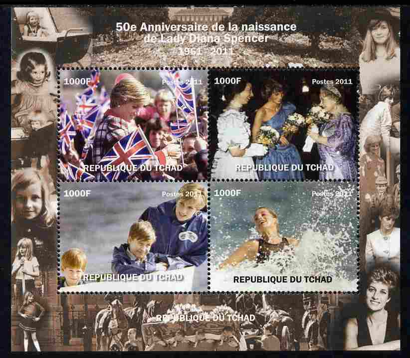 Chad 2011 50th Birth Anniversary of Princess Diana perf sheetlet containing 4 values unmounted mint. Note this item is privately produced and is offered purely on its thematic appeal, stamps on , stamps on  stamps on personalities, stamps on  stamps on diana, stamps on  stamps on royalty, stamps on  stamps on william, stamps on  stamps on harry