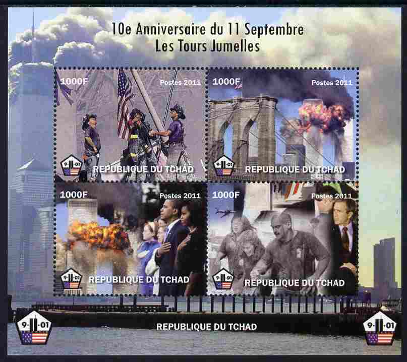 Chad 2011 10th Anniversary of 9-11 perf sheetlet containing 4 values unmounted mint. Note this item is privately produced and is offered purely on its thematic appeal, stamps on , stamps on  stamps on disasters, stamps on  stamps on fire, stamps on  stamps on americana, stamps on  stamps on aviation, stamps on  stamps on flags, stamps on  stamps on obama