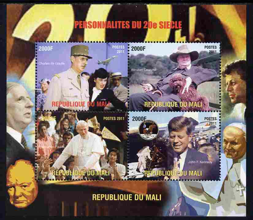 Mali 2011 Personalities of the 20th Century (de Gaulle, Churchill, Pope & Kennedy) perf sheetlet containing 4 values unmounted mint. Note this item is privately produced and is offered purely on its thematic appeal, stamps on , stamps on  stamps on personalities, stamps on  stamps on churchill, stamps on  stamps on constitutions, stamps on  stamps on  ww2 , stamps on  stamps on masonry, stamps on  stamps on masonics, stamps on  stamps on kennedy, stamps on  stamps on usa presidents, stamps on  stamps on americana, stamps on  stamps on de gaulle, stamps on  stamps on pope, stamps on  stamps on popes, stamps on  stamps on religion, stamps on  stamps on concorde