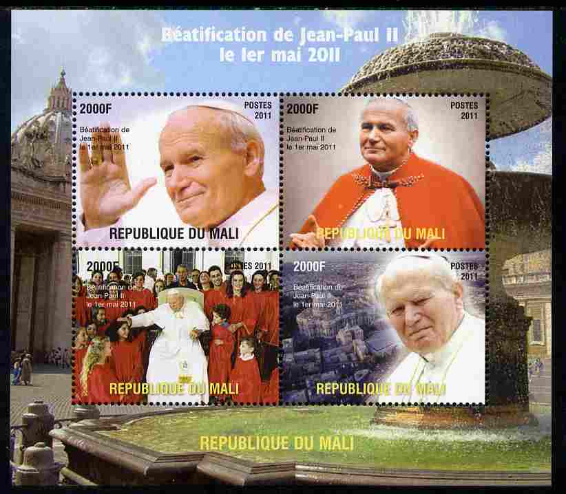 Mali 2011 Beatification of Pope John Paul II perf sheetlet containing 4 values unmounted mint. Note this item is privately produced and is offered purely on its thematic ..., stamps on personalities, stamps on pope, stamps on popes, stamps on religion, stamps on 