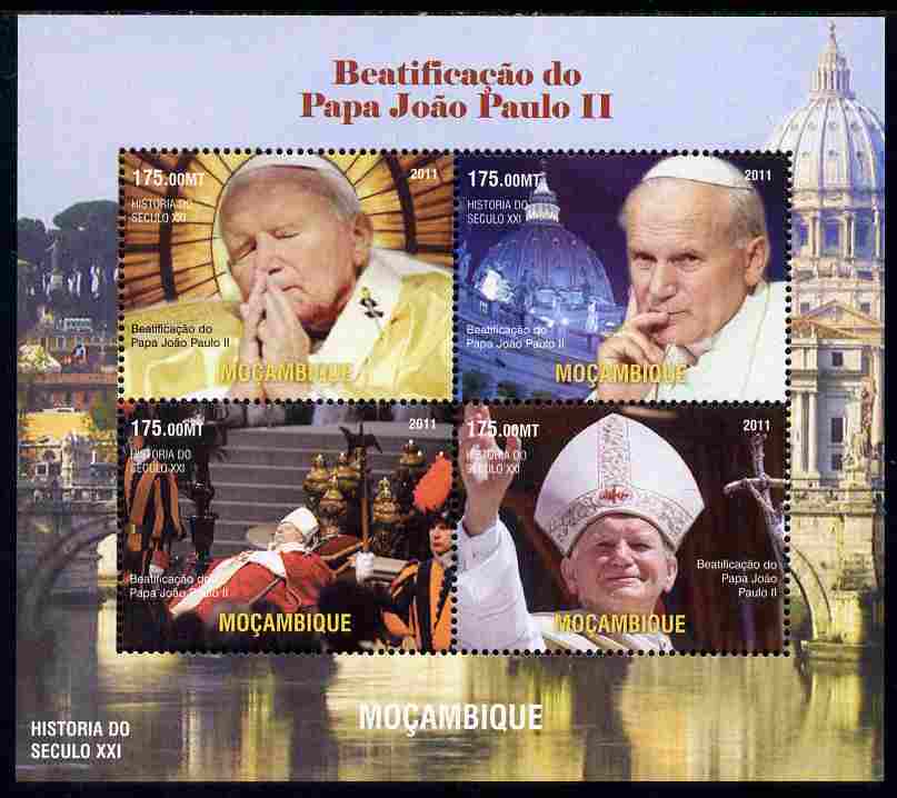 Mozambique 2011 Beatification of Pope John Paul II perf sheetlet containing 4 values unmounted mint. Note this item is privately produced and is offered purely on its the..., stamps on personalities, stamps on pope, stamps on popes, stamps on religion, stamps on 